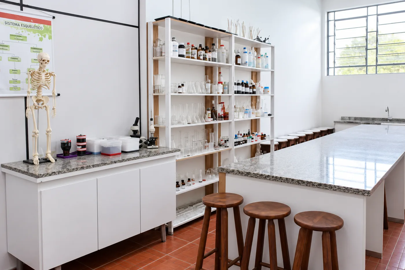 Laboratório de ciências com bancadas e materiais