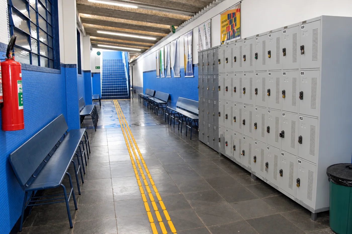 Corredor com armários e piso tátil