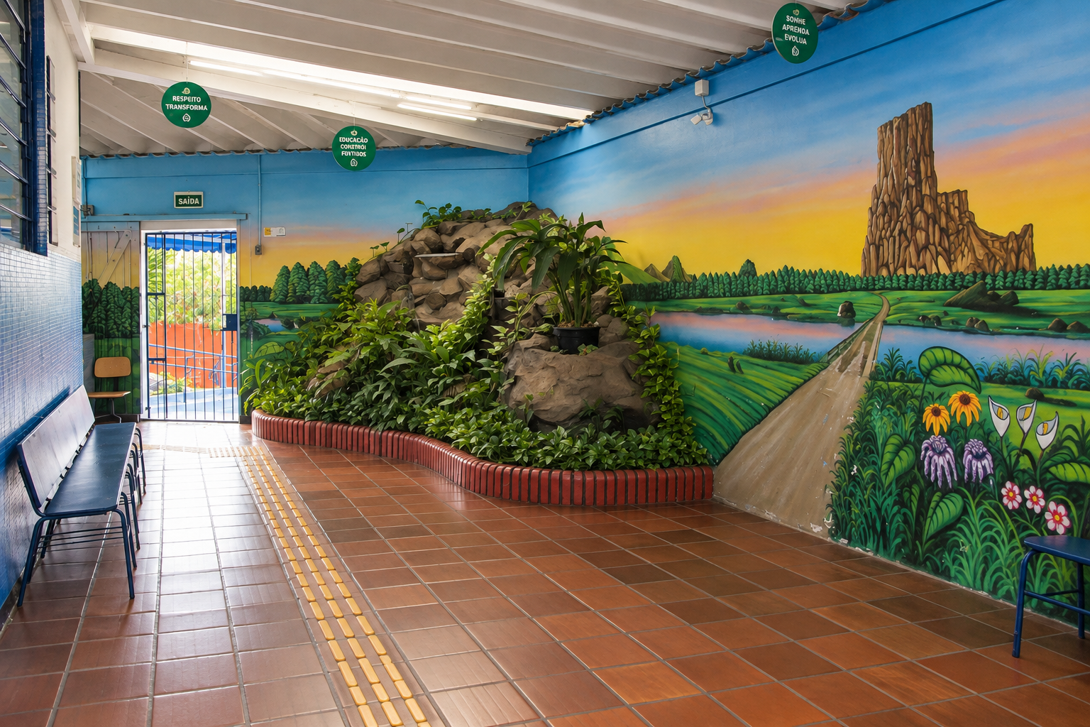 Jardim e mural do colégio